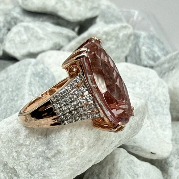 Morganite Cushion Cut Ring Rose Gold Over Sterling CZ Pave Size 7 - Picture 16 of 17